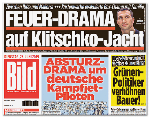 Schlagzeilen auf der BILD-Titelseite: FEUER-DRAMA auf Klitschko-Jacht sowie ABSTURZ-DRAMA um deutsche Kampfjet-Piloten