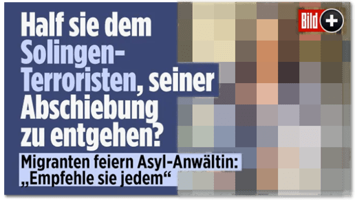 Screenshot Bild.de - Half sie dem Solingen-Terroristen, seiner Abschiebung zu entgehen? Migranten feiern Asyl-Anwältin: Empfehle sie jedem