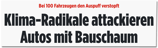 Screenshot Bild.de - Bei 100 Fahrzeugen den Auspuff verstopft - Klima-Radikale attackieren Autos mit Bauschaum