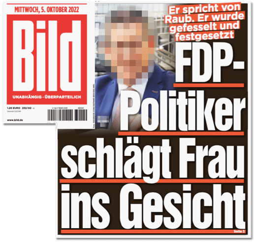 Ausriss Bild-Titelseite - Er spricht von Raub. Er wurde gefesselt und festgesetzt - FDP-Politiker schlägt Frau ins Gesicht