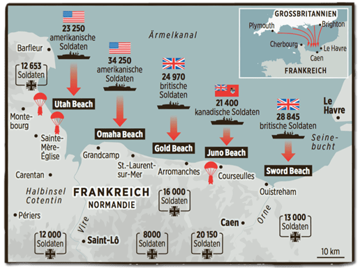 Ausriss Bild-Zeitung - Grafik der Küste der Normandie mit den verschiedenen Strandabschnitten und Pfeilen, welche Einheiten wo gelandet sind