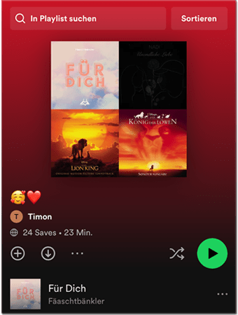 Screenshot von der Spotify-Playlist, zu sehen sind ein Emoji mit Herzen, die ums lächelnde Gesicht schwirren und ein Herz-Emoji