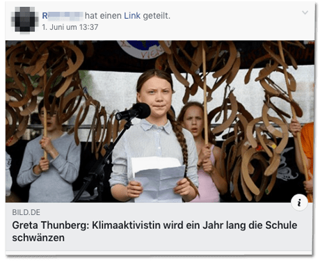 Screenshot eines Facebook-Posts - Greta Thunberg: Klimaaktivistin wird ein Jahr lang die Schule schwänzen