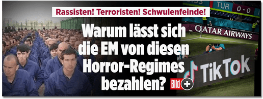 Screenshot Bild.de - Rassisten! Terroristen! Schwulenfeinde! Warum lässt sich die EM von diesen Horror-Regimen bezahlen?
