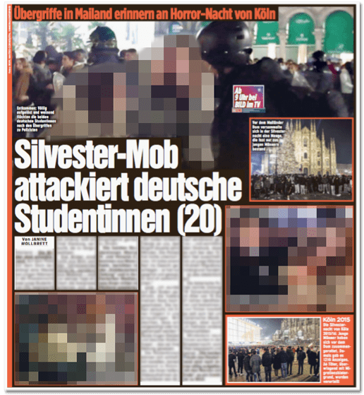 Ausriss Bild-Zeitung - Übergriffe in Mailand erinnern an Horror-Nacht von Köln - Silvester-Mob attackiert deutsche Studentinnen