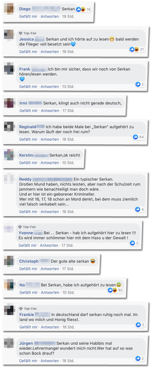 Collage mit Kommentaren von der Bild-Facebookseite - Viele Beispiel von Leserinnen und Lesern, die den Namen Serkan thematisieren
