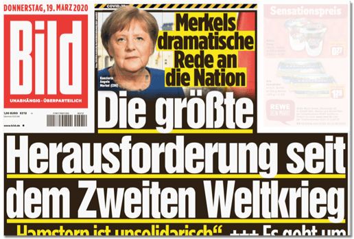 Ausriss Bild-Titelseite - Merkels dramatische Rede an die Nation - Die größte Herausforderung seit dem Zweiten Weltkrieg