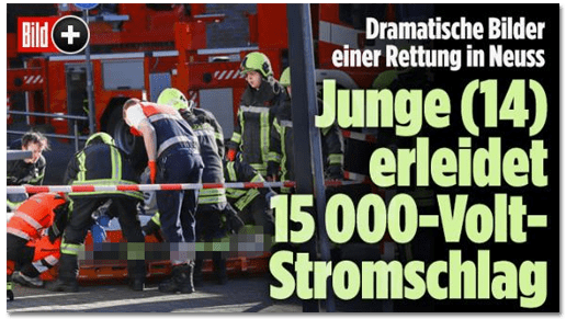 Screenshot Bild.de - Dramatische Bilder einer Rettung in Neuss - Junge (14) erleidet 15000-Volt-Stromschlag - dazu ein Foto, auf dem Sanitäter und Feuerwehrleute zu sehen sind, die um den auf einer Trage liegenden Jungen stehen