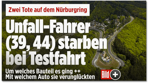 Screenshot Bild.de - Zwei Tote auf dem Nürburgring - Unfall-Fahrer (39, 44) starben bei Testfahrt - Um welches Bauteil es ging - Mit welchem Auto sie verunglückten - dazu ist ein Bild-plus-Symbol zu sehen