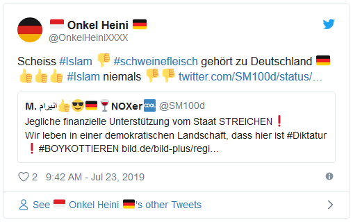 Tweet: "Scheiss #Islam (Daumen-runter-Emoji) #schweinefleisch gehört zu Deutschland (Deutschlandflaggen-Emoji, drei Daumen-hoch-Emojis) #islam niemals (zwei Daumen-runter-Emojis)