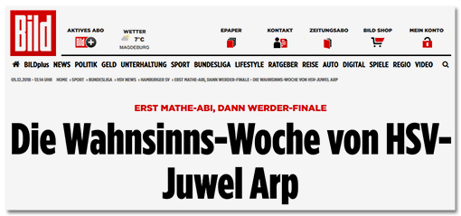 Screenshot Bild.de: Erst Mathe-Abi, dann Werder-Finale - Die Wahnsinns-Woche von HSV-Juwel Arp