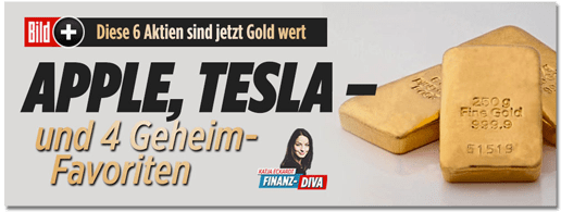 Screenshot Bild.de - Diese sechs Aktien sind jetzt Gold wert - Apple, Tesla und vier Geheim-Favoriten