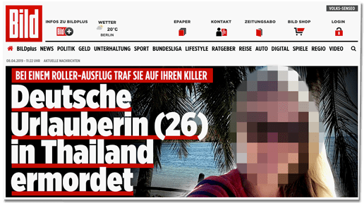 Screenshot Bild.de - Bei einem Roller-Ausflug traf sie auf ihren Killer - Deutsche Urlauberin (26) in Thailand ermordet - dazu ein Foto der getöteten Frau, auf dem diese zu erkennen ist