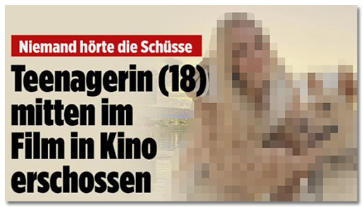 Screenshot von der BILD.de-Startseite: "Niemand hörte die Schüsse - Teenagerin (18) mitten im Film in Kino erschossen", dazu ein großes Foto der jungen Frau