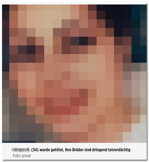 Screenshot von BILD.de: Ein Foto der ermordeten Frau, dazu die Bildunterschrift: "[...] (34) wurde getötet, ihre Brüder sind dringend tatverdächtig - Foto: privat"