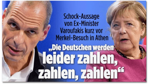 Screenshot Bild.de - Schock-Aussage von Ex-Minister Varoufakis kurz vor Merkel-Besuch in Athen - Die Deutschen werden leider zahlen, zahlen, zahlen