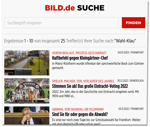 Screenshot Bild.de - Bild.de-Suche, Übersicht der Ergebnisse eins bis zehn von insgesamt 25 Treffern Ihrer Suche nach Wahl-Klau