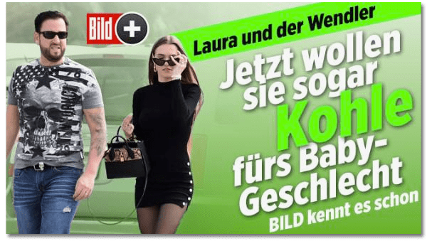 Screenshot Bild.de - Laura und der Wendler - Jetzt wollen sie sogar Kohle fürs Baby-Geschlecht - Bild kennt es schon - der verlinkte Artikel befindet sich hinter der Bild-plus-Paywall